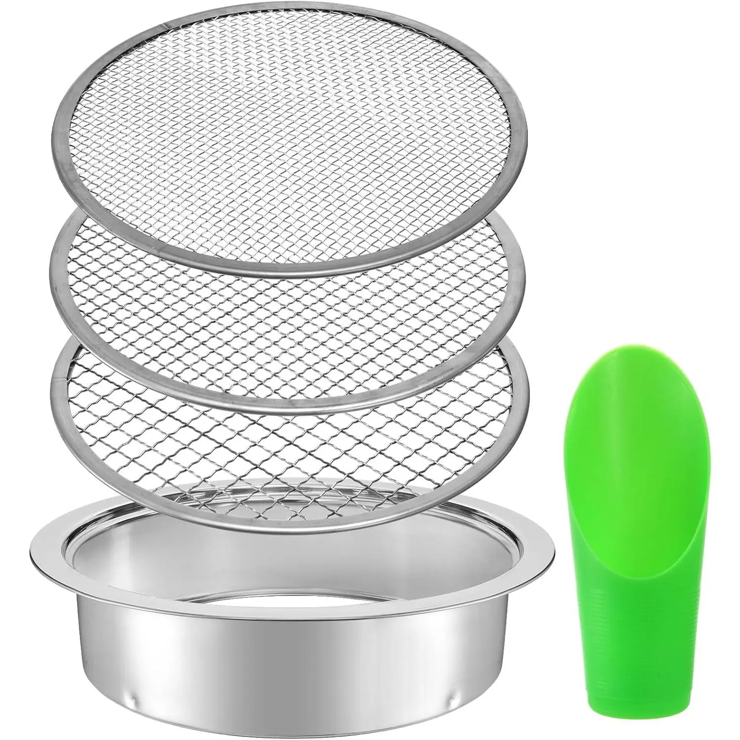 YFMHK Soil Sifter, 9.5" Fine Mesh Stainless Steel Soil Sieve for Gardening, Compost Sifter with 3 Interchangeable Filter Mesh Sizes 3/6/9 mm and Shovel, Sieve Strainer for Sand Rock Dirt Compost