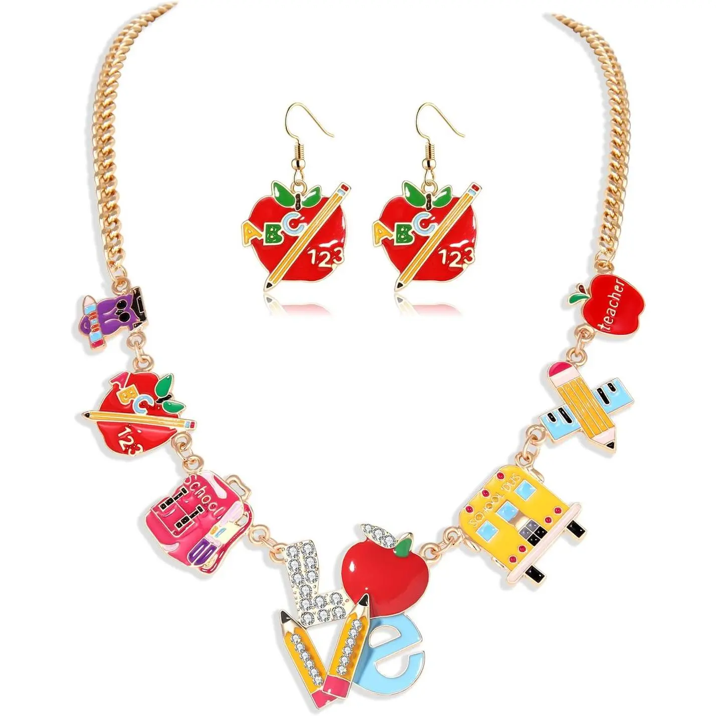 Teacher Necklace Earrings Bracelet for Women, Teacher Accessories, Cute Apple Pencil Book Charms Bracelet Choker Necklace Apple Earrings Teacher Appreciation Gifts Back To School Jewelry