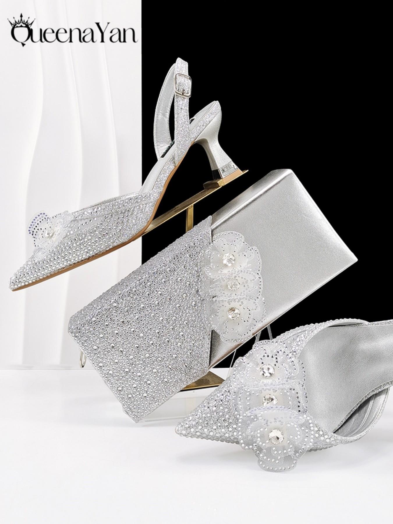 2026 Elegant Silver Pointed-Toe High Heels Shoes with Diamond Accents & Matching Bag - Ideal for Party Elegance