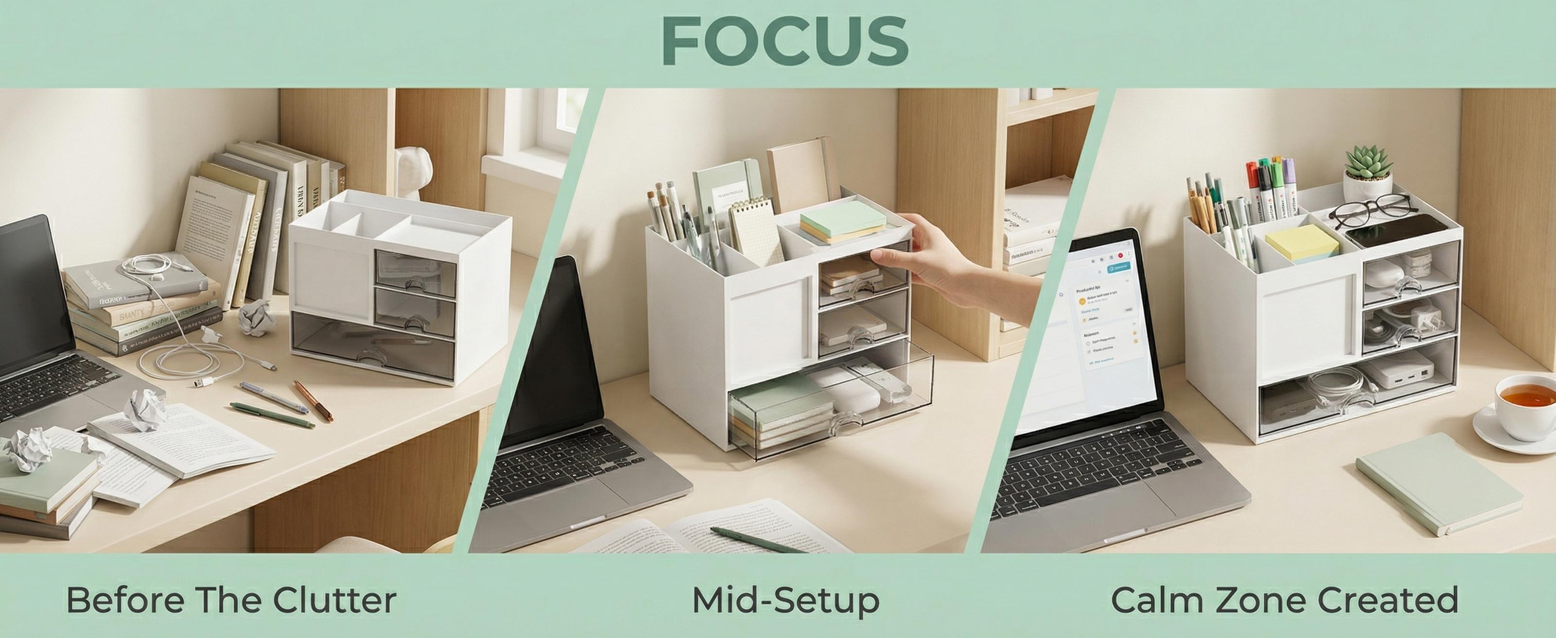 A desktop organizer with three drawers; a multi-functional pencil holder suitable for use in offices or at home; a desktop storage device with 8 compartments; available in white, perfect for storing art supplies in offices or homes.