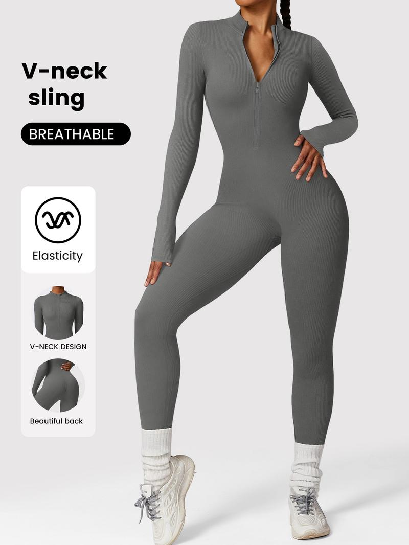 Women's Solid Color Zipper Long Sleeve Jumpsuit, Casual Sporty Comfortable One-Piece, Perfect for Yoga Gym Exercise, All Seasons Women's Sports Wear, Workout Jumpsuit