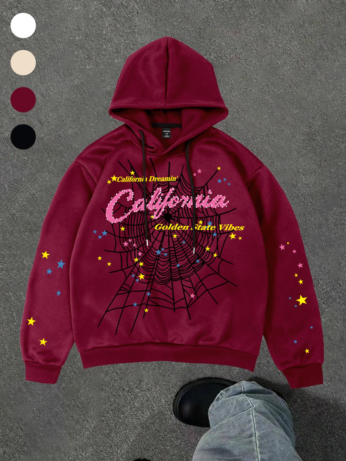 Men's Hooded Sweatshirt, Spider Web Pattern, Letter Print, Colorful Stars, Street Punk Style, Casual Fitted, Fall & Winter, Graphic Hoodie