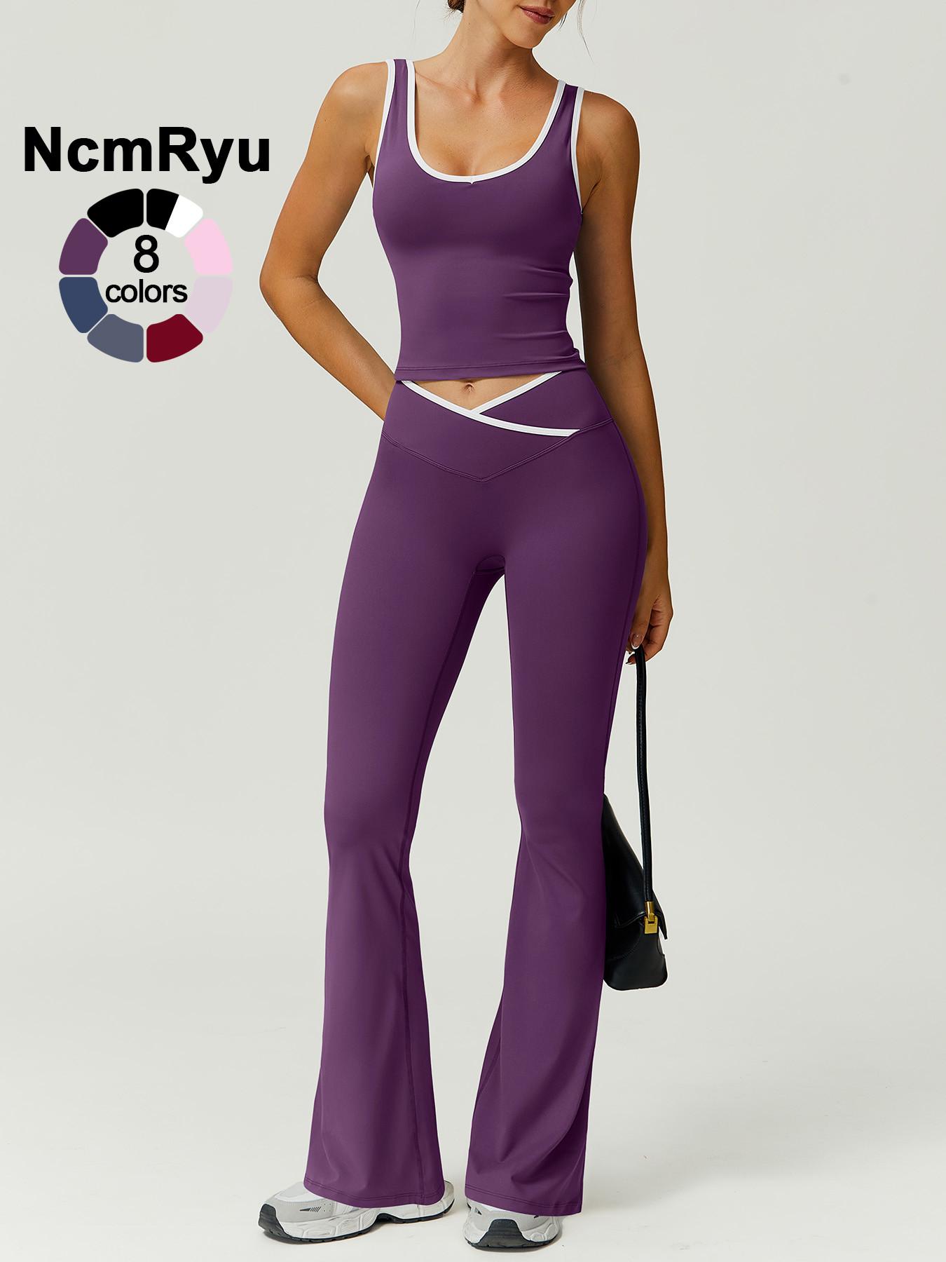 Two-Piece Set Women's Patchwork High Elastic Soft U-Neck Wide Shoulder Strap Vest Cross Waist Top Hip Flared Pants Yoga Clothes Four Seasons Running Gym sports training all-match vest, Workout Running Outfits, Activewear Set, Athleisure Sportswear Set