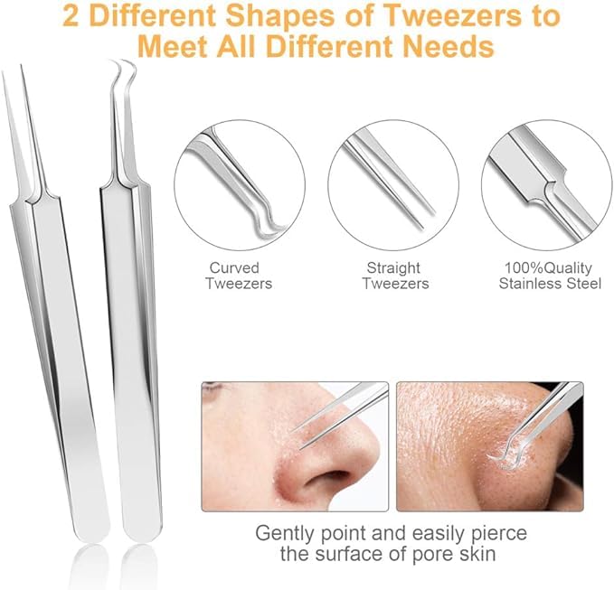 Professional Blackhead Extractor Kit, 9PCS Stainless Steel Blackhead Tweezers & Facial Care Tools with Portable Storage Box