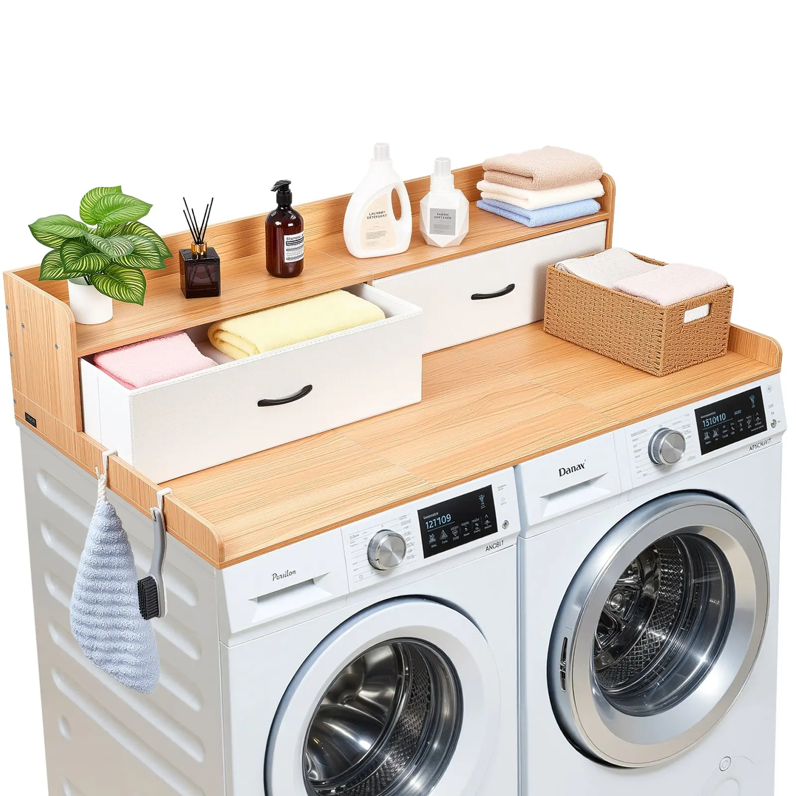 VEVOR Washer Dryer Countertop with Shelf, 54x 27.5 in Wooden Washer and Dryer Topper with 2 Drawers 2 Hooks, Laundry Machine Topper for Laundry Closet Pantry Counter Organization and Storage, Burlywood