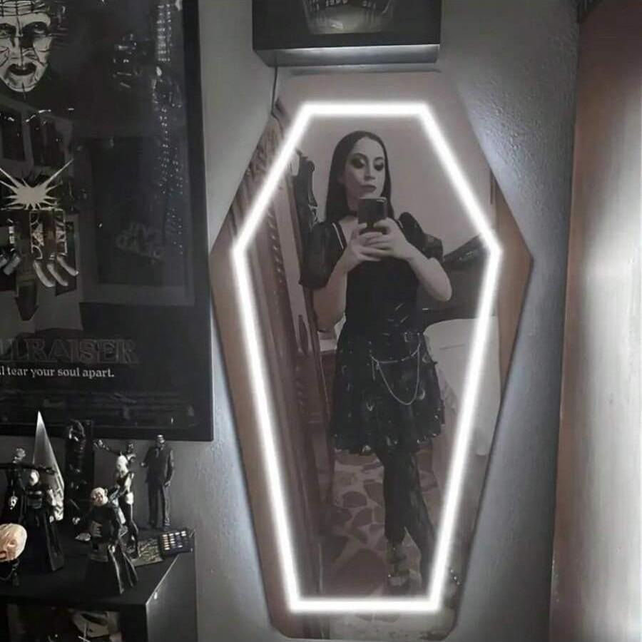 Gothic Coffin Shape Neon Wall Mirror, USB Powered, Glass Surface, Irregular Art Style, Perfect for Dark Art Lovers and Holiday Gifts