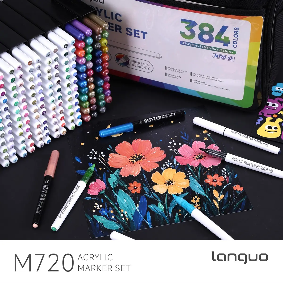 Languo Acrylic Marker Set 240/288/384 Colors, Soft Tip, Ink Refillable, Layering, Non-See-Through, Art Supplies, Back-To-School Gift