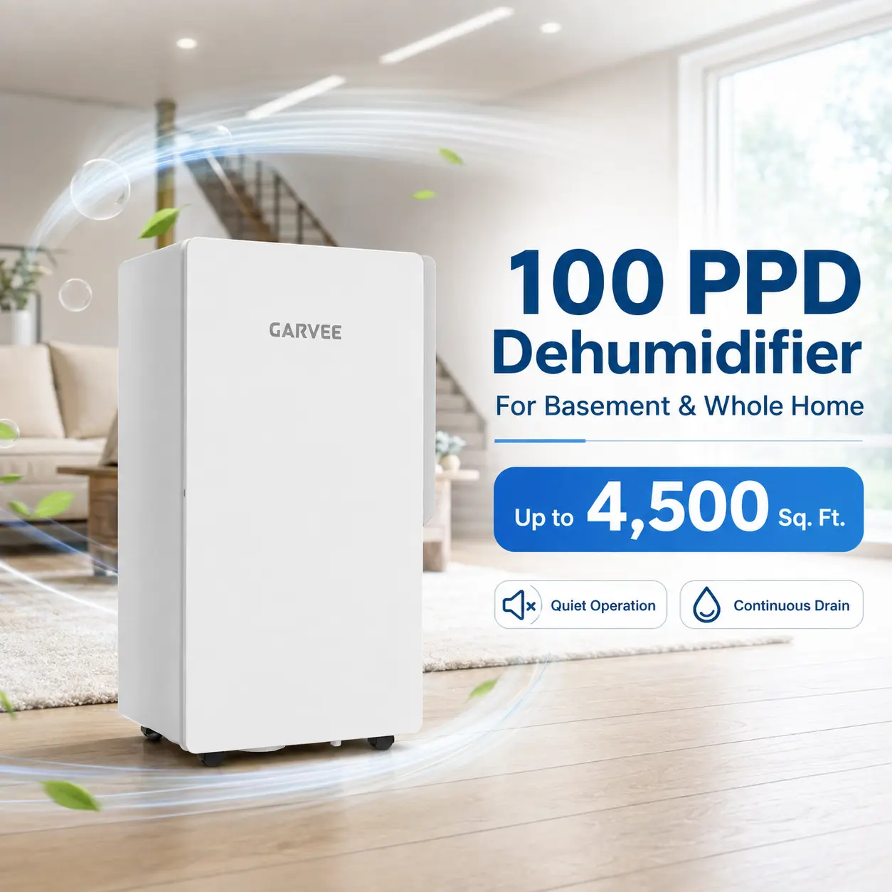 100 PPD Dehumidifier for Basement & Home, Covers Up to 4,500 Sq. Ft., Smart Humidity Control, Continuous Drain Hose, 24H Timer, Quiet Compressor, Wheels, White