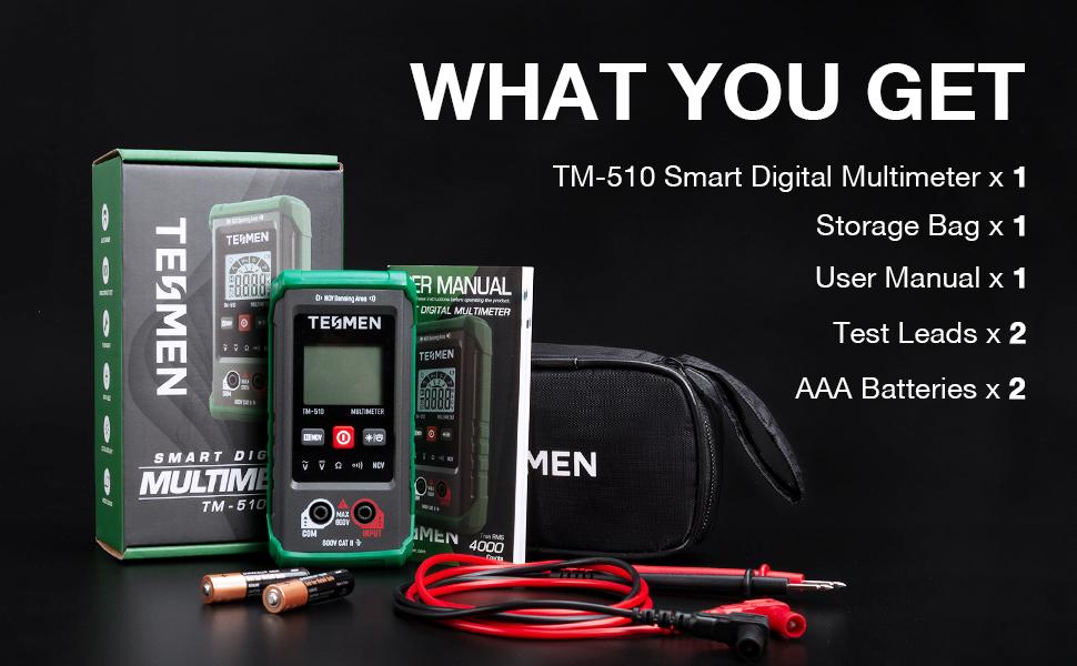 TESMEN TM-510 Digital Multimeter, 4000 Counts, Smart Measurement, Auto-Ranging Voltmeter; Non-Contact Voltage test, Measures AC/DC Voltage, Resistance, Continuity – Green TESMEN TM-510 Digital Multimeter, 4000 Counts, Smart Measurement, Auto-Ranging Voltmeter; Non-Contact Voltage test, Measures AC/DC Voltage, Resistance, Continuity – Green