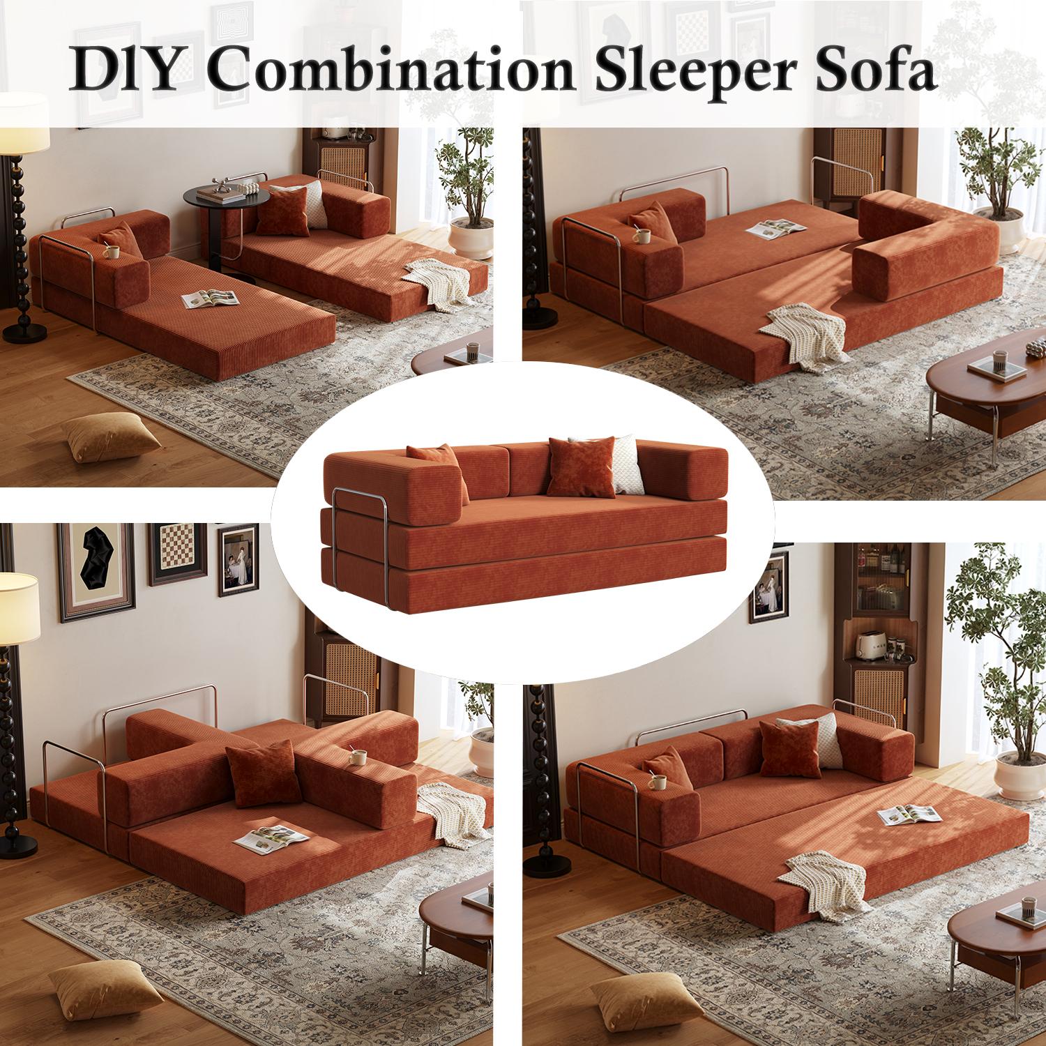 LODEIJA Compressed sofa, 80.3-inch convertible sofa bed, fixed frame, removable armrests, modular corduroy sofa bed, folding mattress sofa, suitable for living rooms and small spaces - no assembly required, includes two pillows.