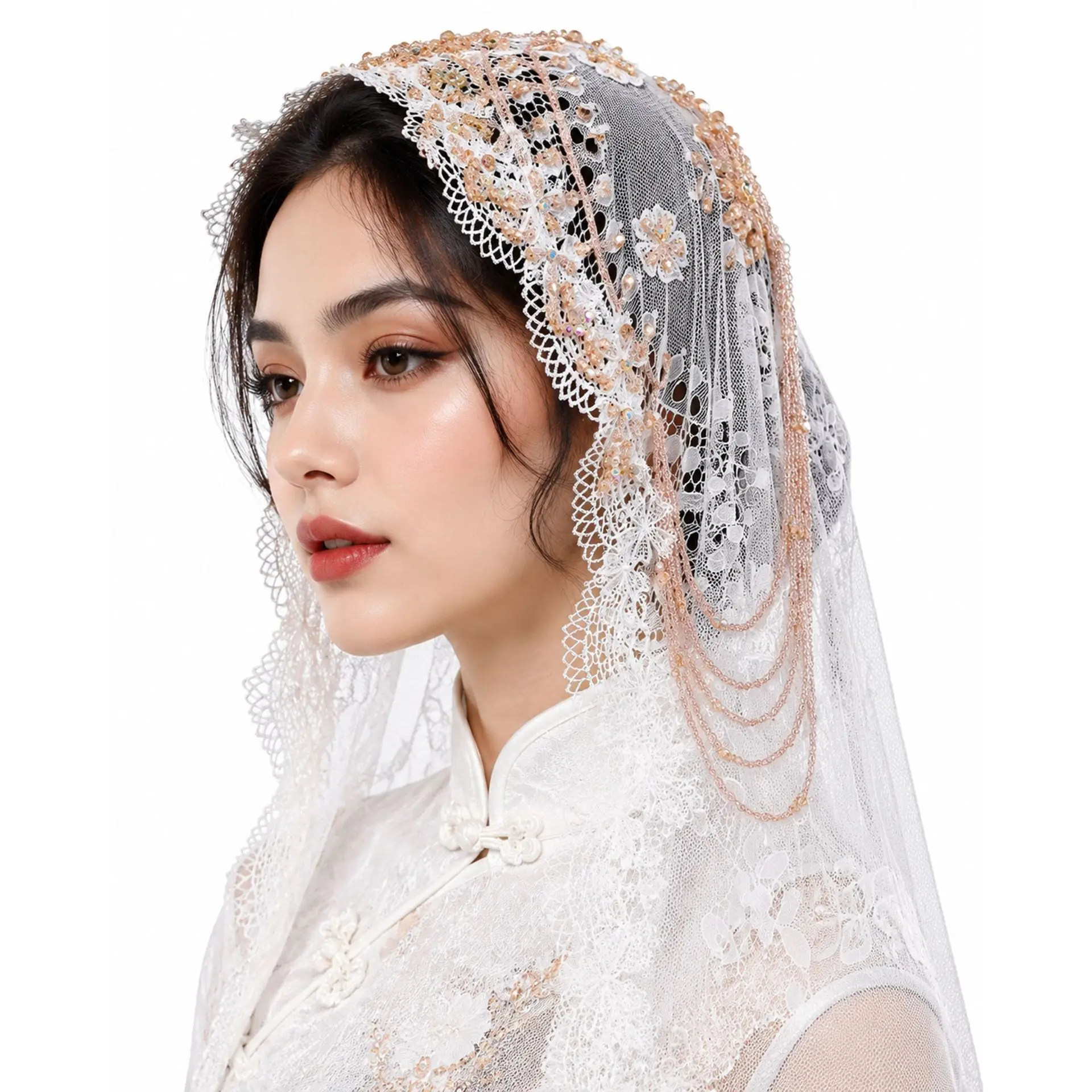 Breathable Scalloped Edge Sheer White Floral Lace Beaded Mantilla Head Scarf, Draped Chains Universal-Fit Vintage Bridal Wedding Sports Headband, Chapel Veil Photo Prop Headpiece, One Size