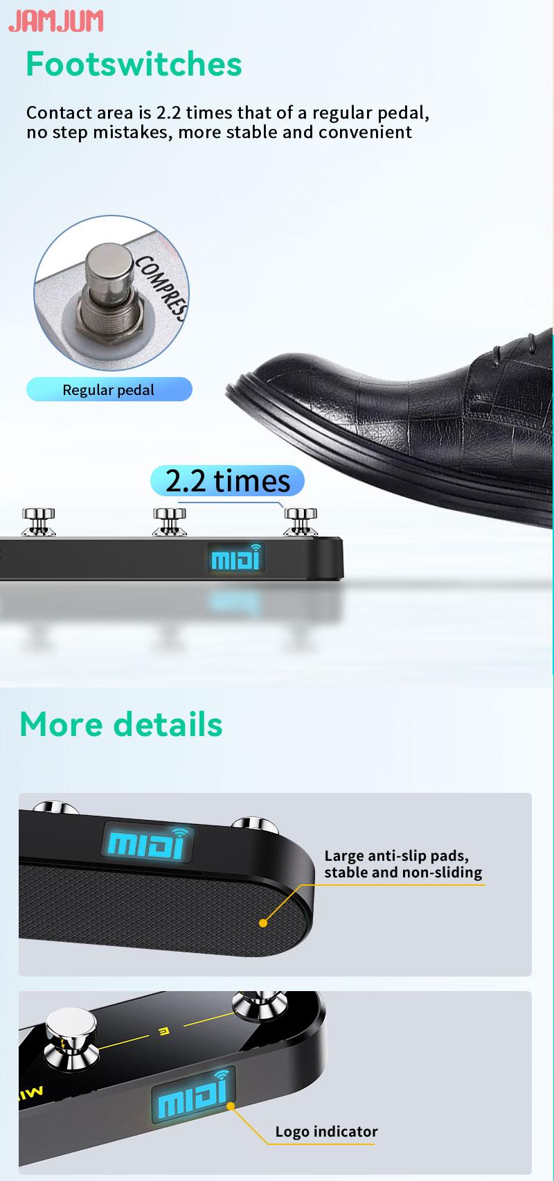 JAMJUM Wireless Midi Control Pedal with 4 Buttons, USB Rechargeable Battery, with APP, Portable Design for Music Production & Performance