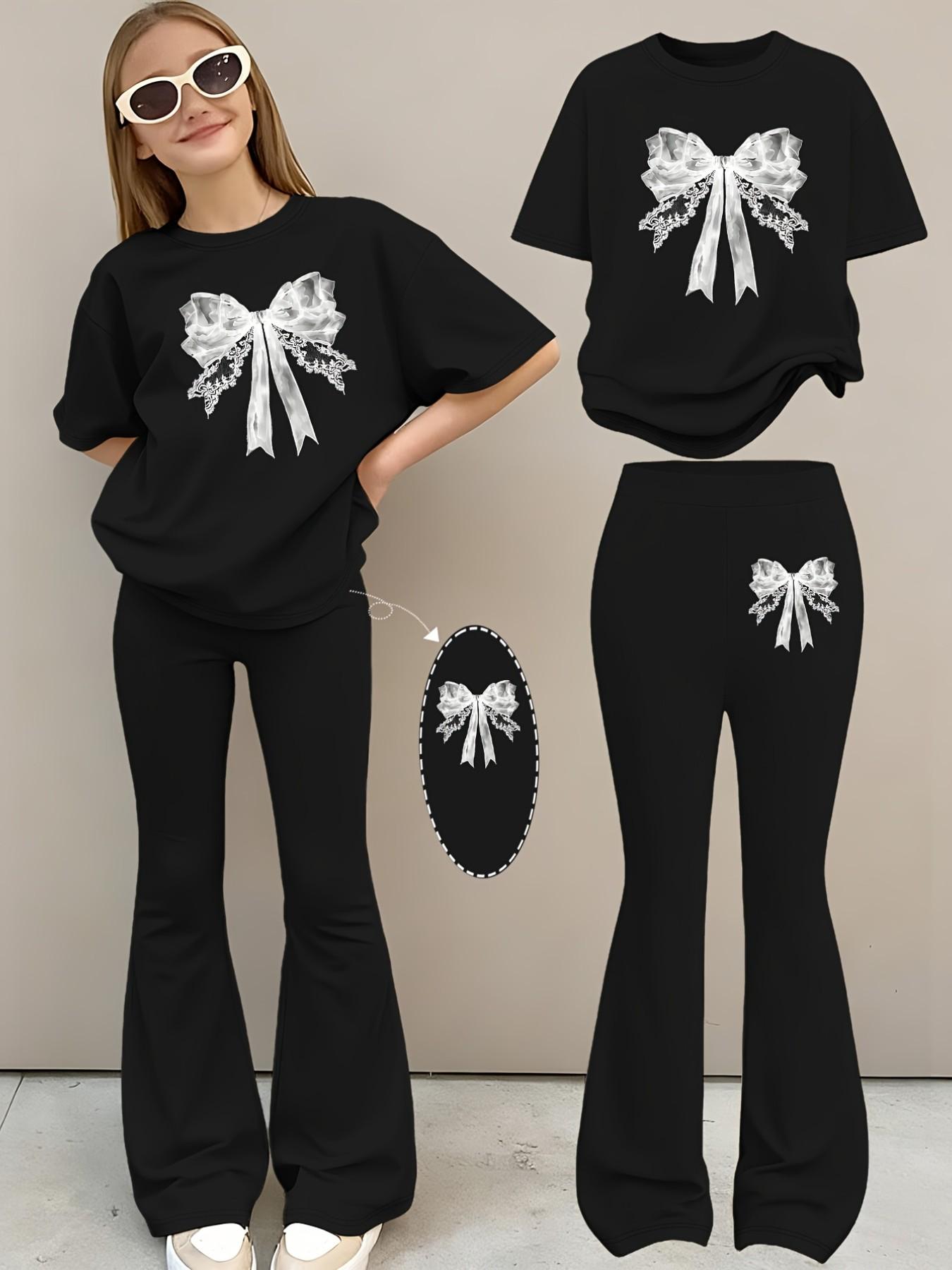 2pcs Girls' Summer Fashion Print Drop Shoulder Short Sleeve T-Shirt + Elastic Bell Pants Set, Comfortable Soft Sweat Absorbing Round Neck T-Shirt + Casual Bell Pants