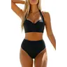 Tempt Me Women Two Piece Vintage Swimsuit Retro Halter Ruched High Waist Bikini Set with Bottom Tummy Control High Cut Leg Bikini Bottom