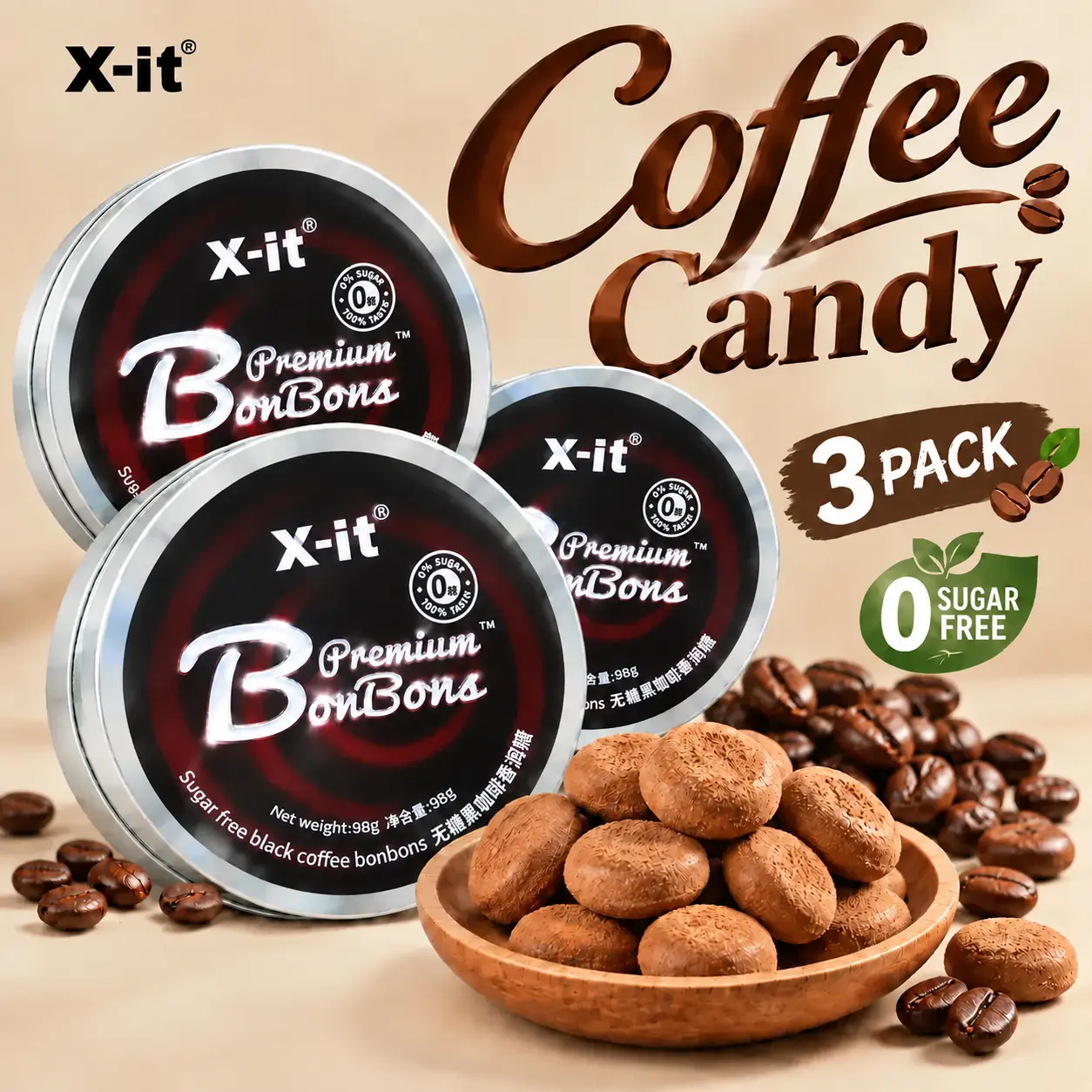 X-it Sugar Free Black Coffee Candy Mints 98g, 3-Tin Pack, with Vitamin C, Hard Candy Breath Mints for Office, Driving & Workouts, Gluten Free, No Aspartame Sweet Bonbon