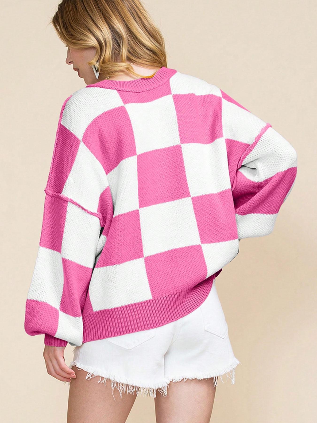 Plus Size Plaid Drop Shoulder Sweater, Casual Long Sleeve Knitwear for Fall & Winter, Loose-Fitting Round Neck Pullover for Women, Knitwear Tops