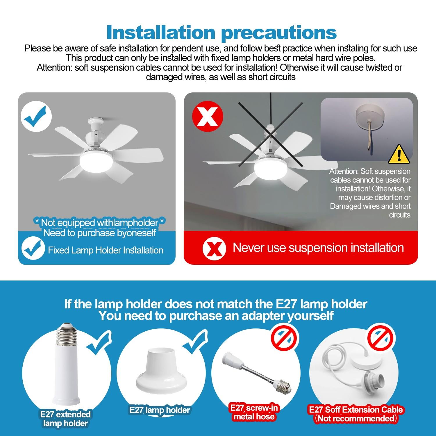 New E27 Bulb Socket Ceiling Fan Light Lamp, Adjustable Dimming Timer, 3 Color Modes 3000k-6500k, Remote Control, Bedroom Kitchen Living Room