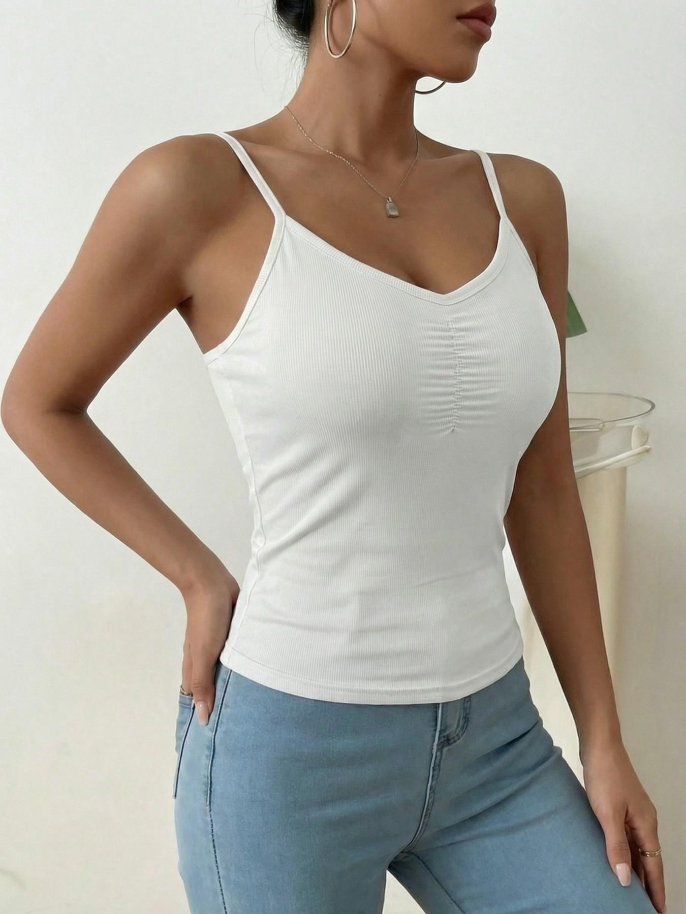 Women's Ribbed Bra Cami Tank Top - V Neck Ruched Front, Padded Adjustable Spaghetti Strap Camisole, Wire-Free All-in-One Undershirt