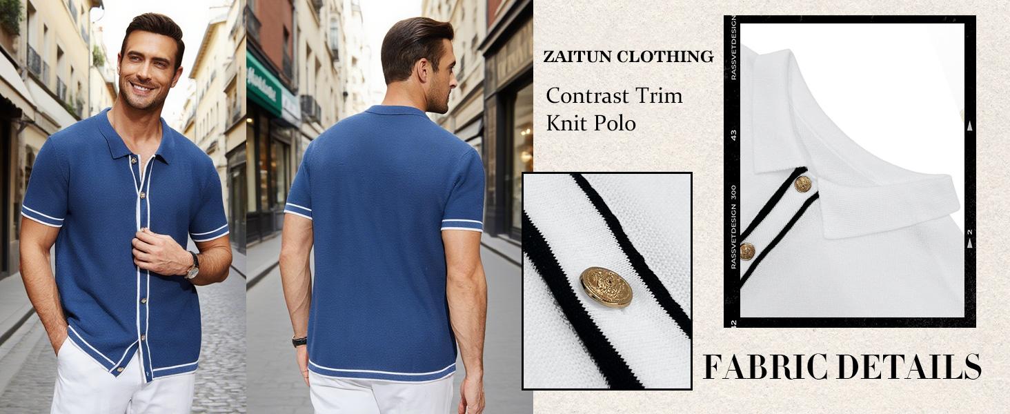 Zaitun Men's Contrast Trim Button Front Short Sleeve Casual Relaxed Fit Knit Top Polo Men Shirt