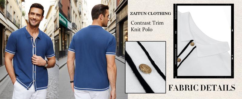 Zaitun Men's Contrast Trim Button Front Short Sleeve Casual Relaxed Fit Knit Top Polo Men Shirt