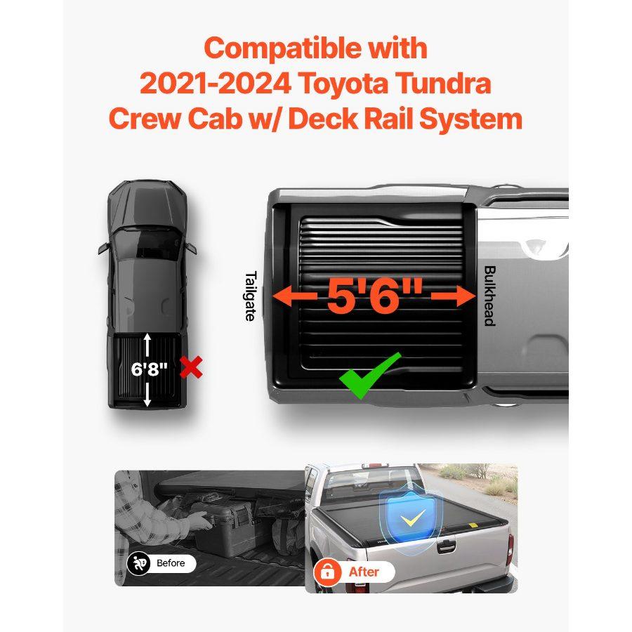 VEVOR Retractable Tonneau Cover, 5.5 ft Retractable Tonneau Cover with Built-in Drainage Pipe for 2021-2024 Toyota Tundra Crew Cab w/ Deck Rail System, Hard Tonneau Cover with Double-Lock T-Slot