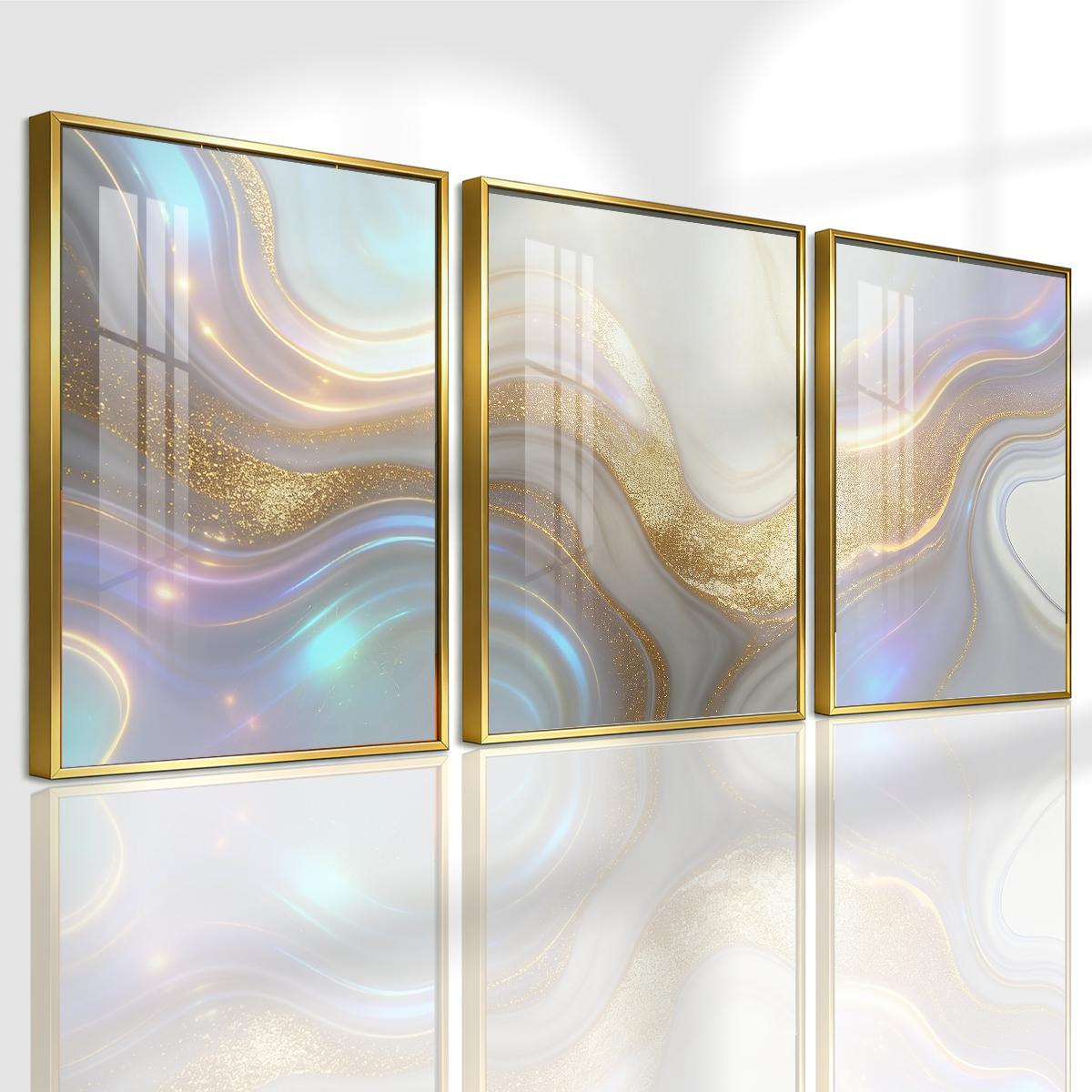 3 Counts Aluminum Alloy Framed Painting, Abstract Golden And Silver Fluid Art Pattern, Home Decoration For Living Room, Bedroom, Office, Restaurant, Hallway Wall Decor, Odorless Print Artwork, Luxury Perfect Gift For Friends And Family