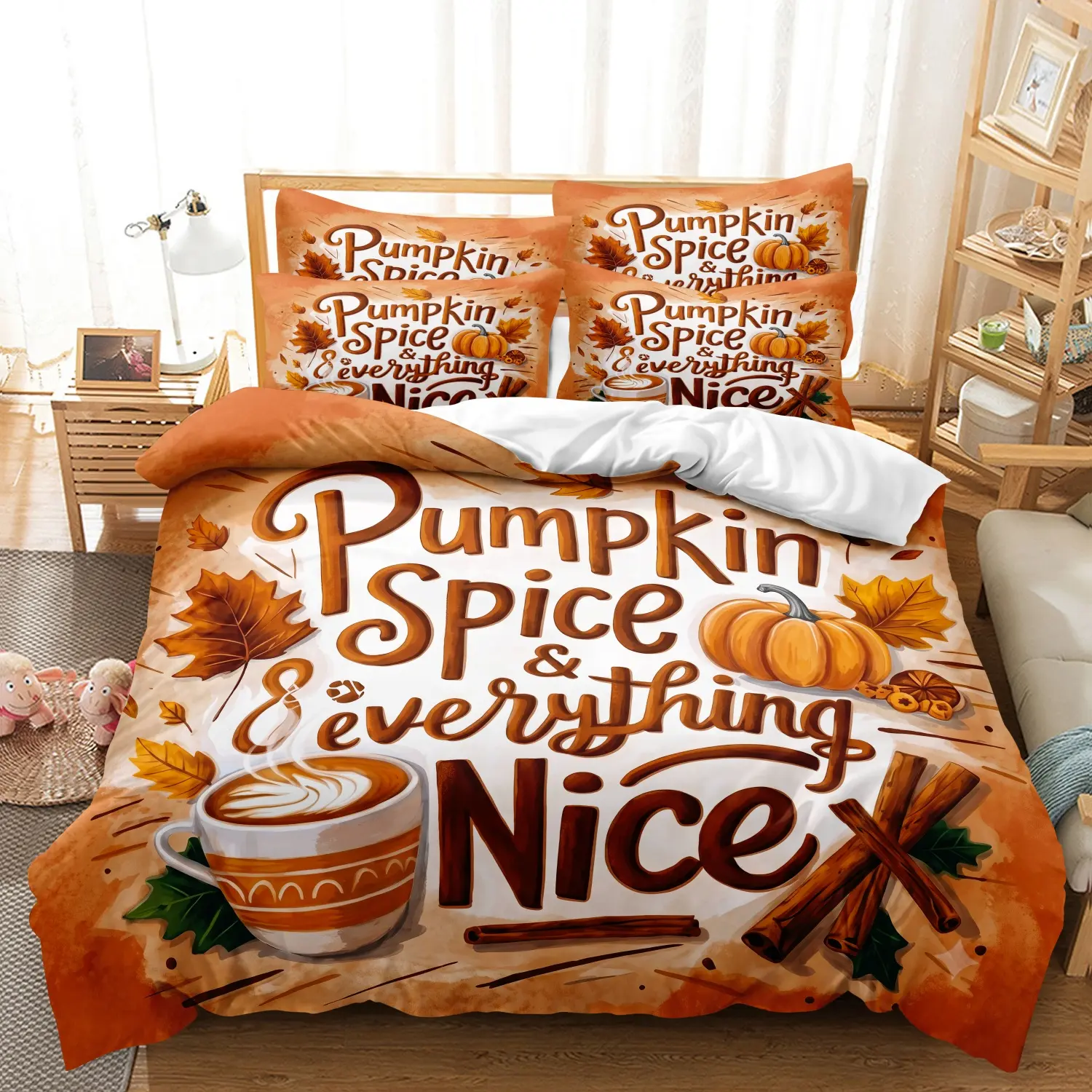 3 Pieces Fall Pumpkin Spice Print Duvet Cover Set, Autumn Harvest Latte Maple Leaf Cinnamon Stick Letter Printed Bedding,For Bedroom Decoration, Multiple Sizes Available (1 Duvet Cover + 2 Pillowcases, No Comforter No Pillow)