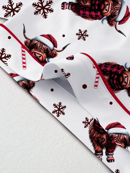 【Christmas Pajamas】Cute Highland Cow Animal Print Short Sleeve Pajama Set, Comfortable Sleepwear for All Seasons, Christmas Gift