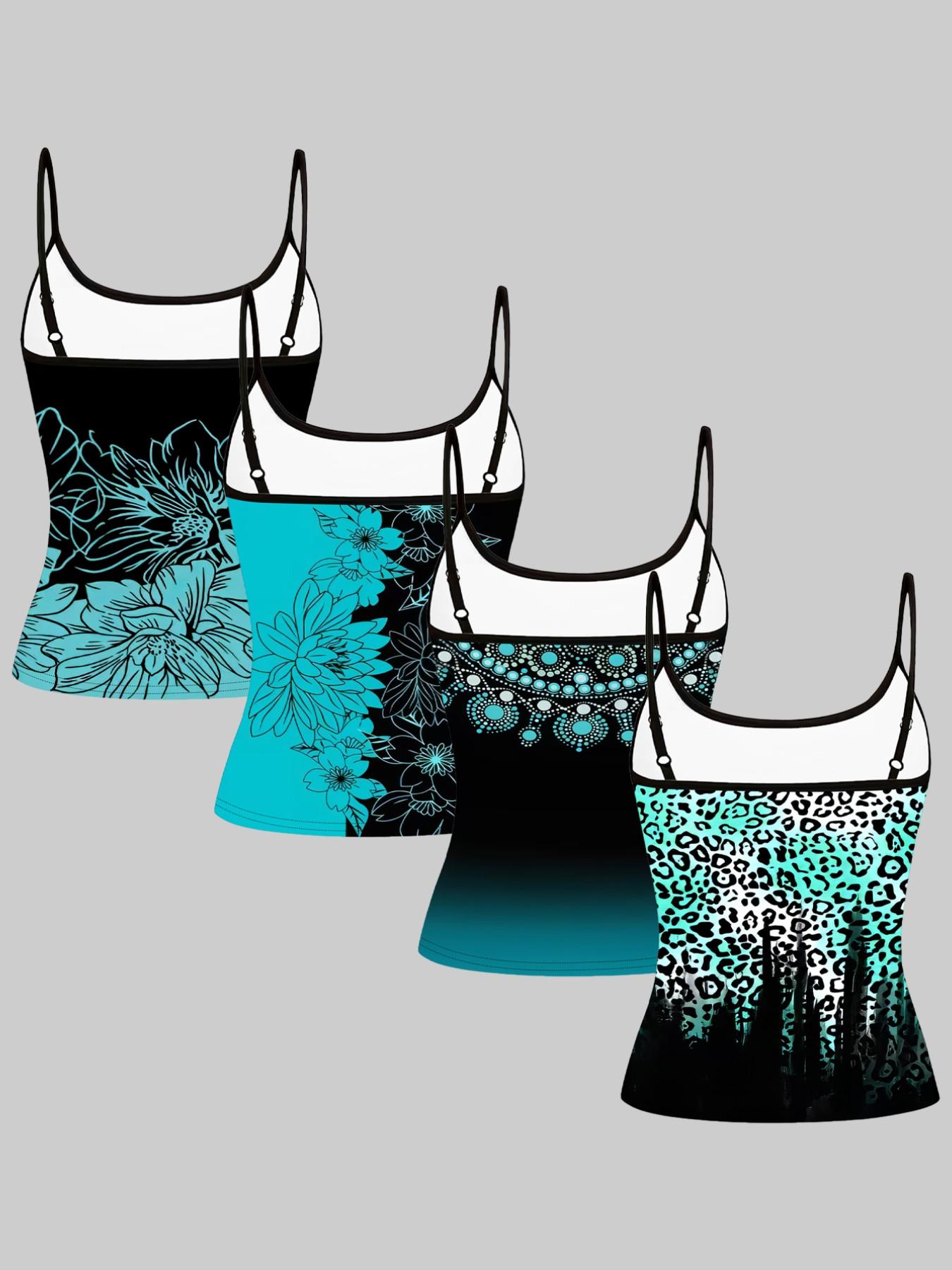 Lake Blue Floral Leopard Print Strappy Top, Summer Home Sleepwear Outerwear, Unique Slim Fit Shirt Set of Four Pieces