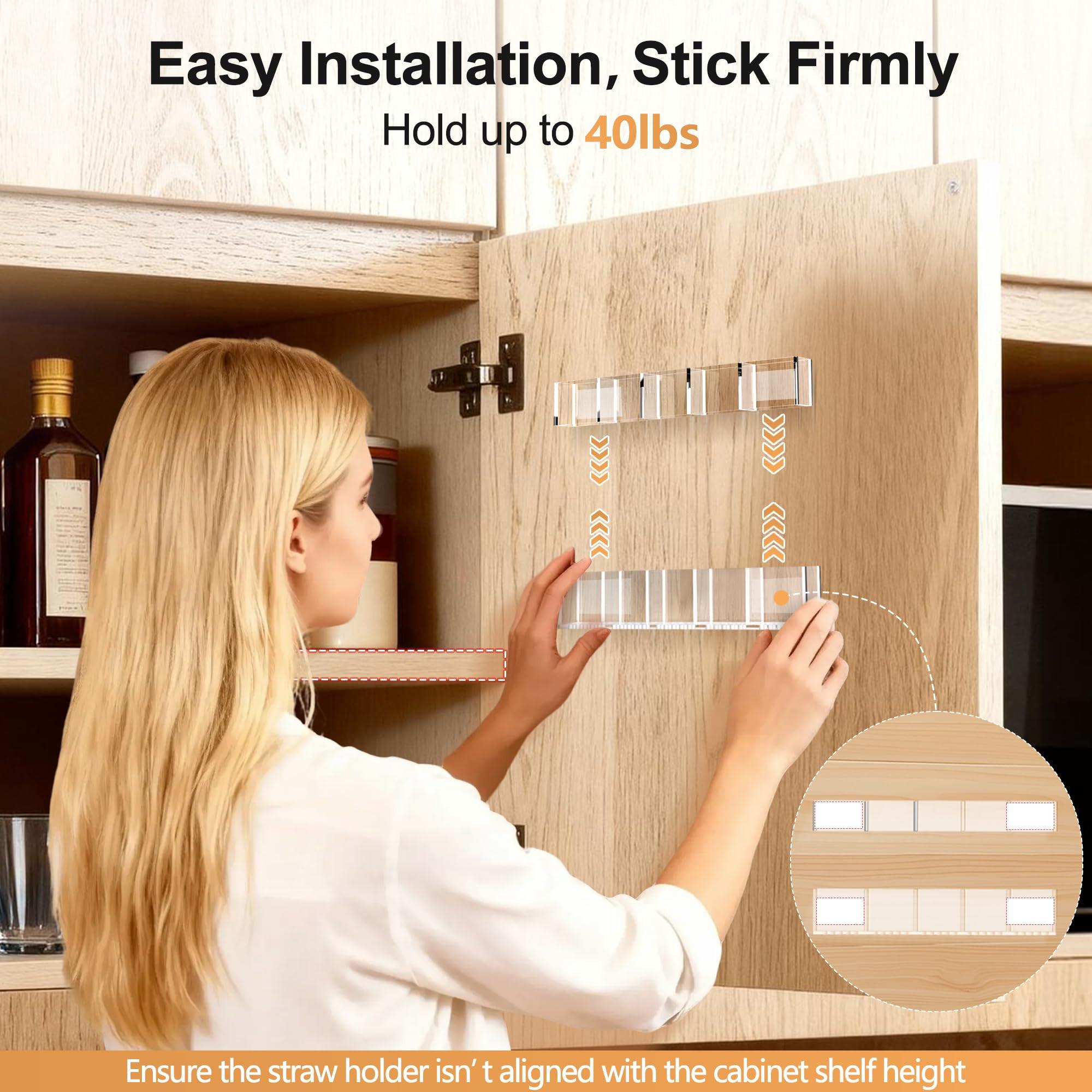 9.5 Inch Acrylic Straw Holder for Cabinet Doors, Reusable Adjustable Two-Piece Straw Organizer, Strong Adhesive Strip, Transparent Kitchen Storage