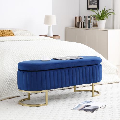 Bellemave Elegant Upholstered Velvet Storage Ottoman with Button-Tufted Design, Metal Legs, Fully Assembled for Bedroom, Living Room, Beige