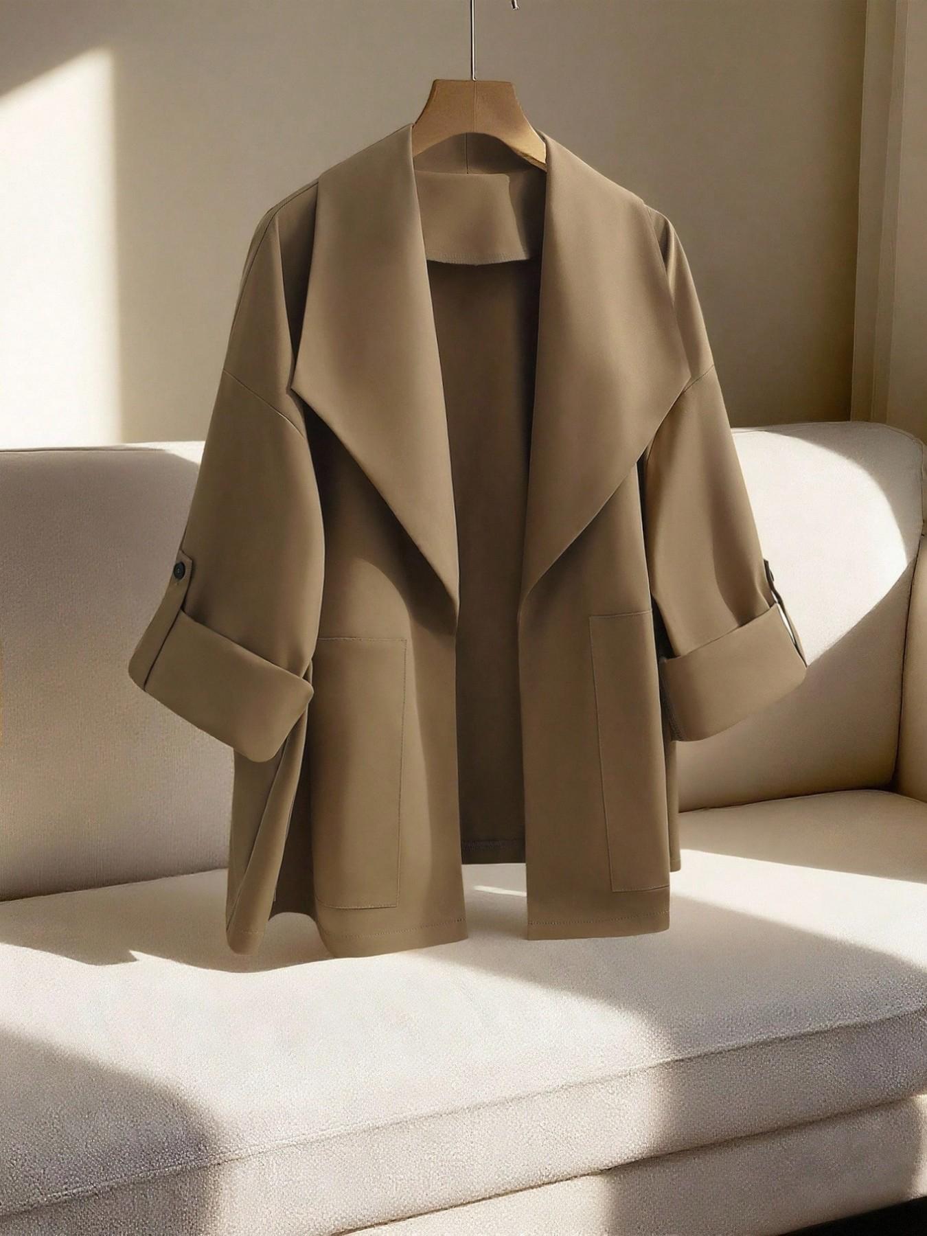 Women's Plus Size Curvy Open Front Jacket Tab Sleeve Draped Lapel Loose Basic Casual Coat Outerwear Solid Fall Winter Office Workwear Daily Commuter Trendy Chic Minimalist Office Style