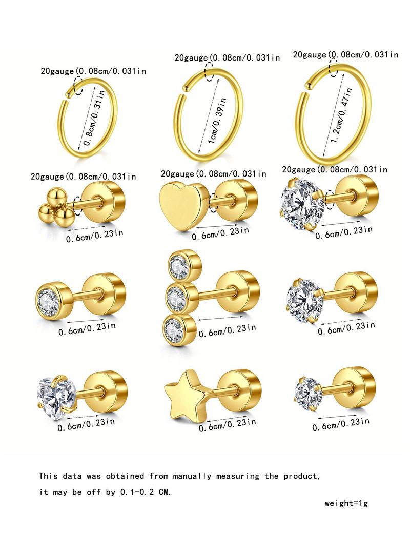 Mixed Style Rhinestone Decor Earrings Set, Stainless Steel Cartilage Earrings, Fashion Jewelry for Party, Daily Clothing Decor, Trendy All-match & Exquisite Jewelry for Gift