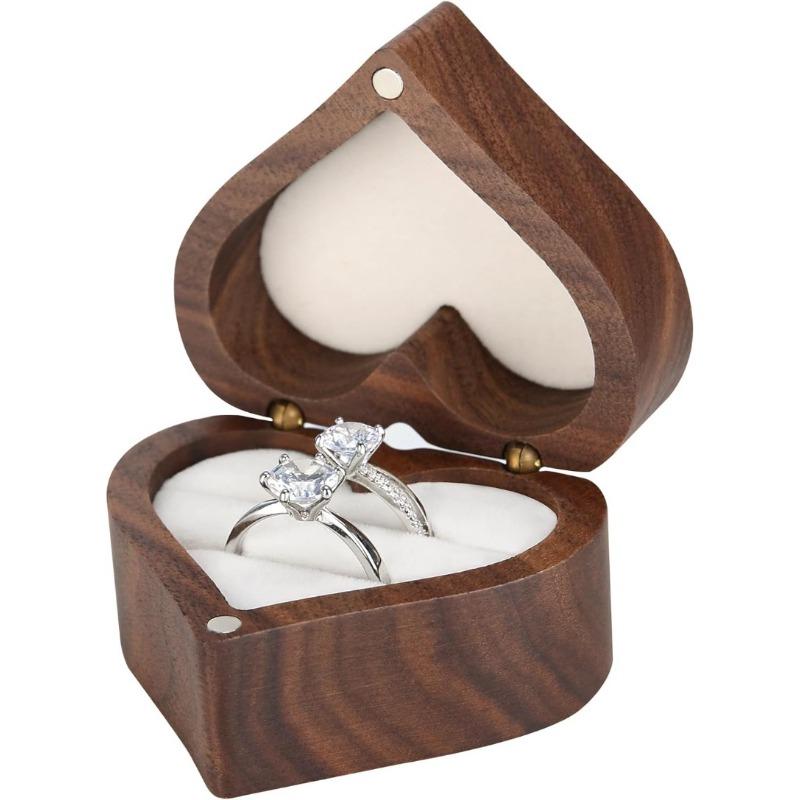Wooden Heart Shape Ring Gift Box, Personalized Vintage Wood Jewelry Box, 2 Slot, for Proposal, Engagement, Wedding, Anniversary