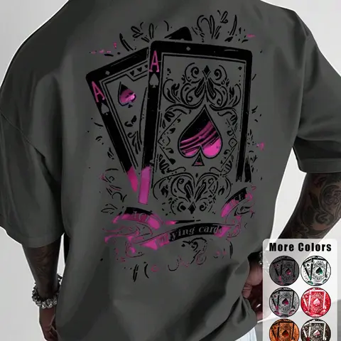 Men's Short Sleeve T-Shirt, Poker Card Pattern, Summer Casual Daily Wear, Graphic Print, Fitted H-Type, Long Clothing Length, Casual Tee