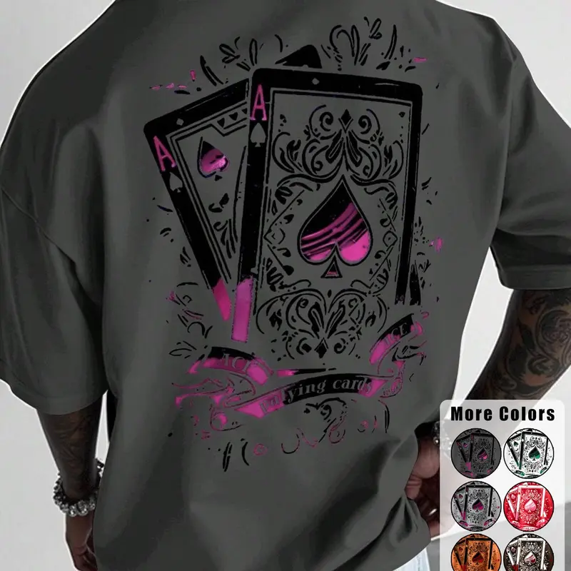 Men's Short Sleeve T-Shirt, Poker Card Pattern, Summer Casual Daily Wear, Graphic Print, Fitted H-Type, Long Clothing Length, Casual Tee