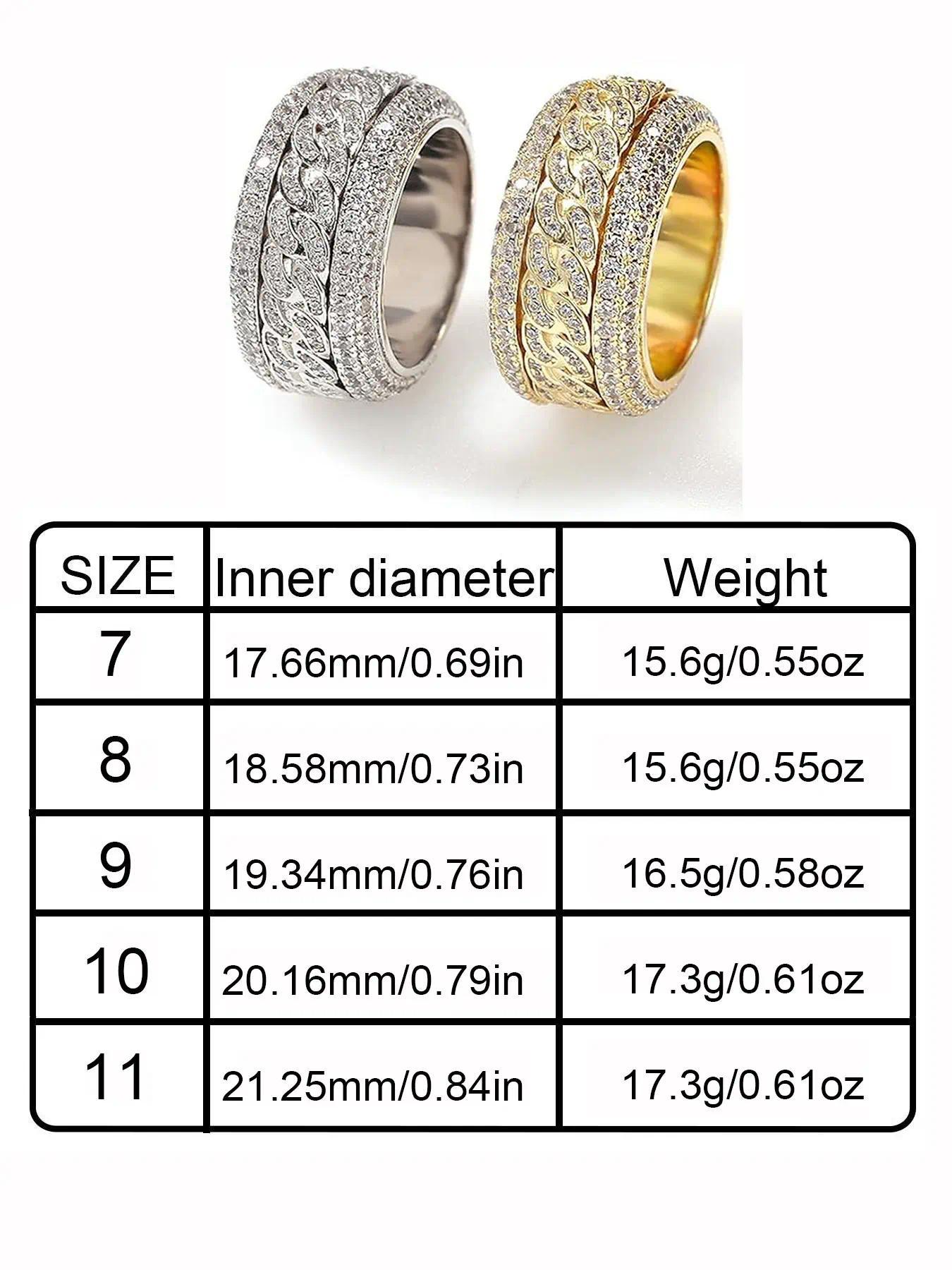 Fashion Hip-Hop Rock Ring - Diamond Rotating Stress-Relieving Cuban Ring, Pure Gold Plated Copper Material, 3A Grade Cubic Zirconia, Shiny Diamond Cuban Chain Ring, Micro Set Zirconia Ring - Gender-Neutral Punk Accessories, Gold and Silver Color