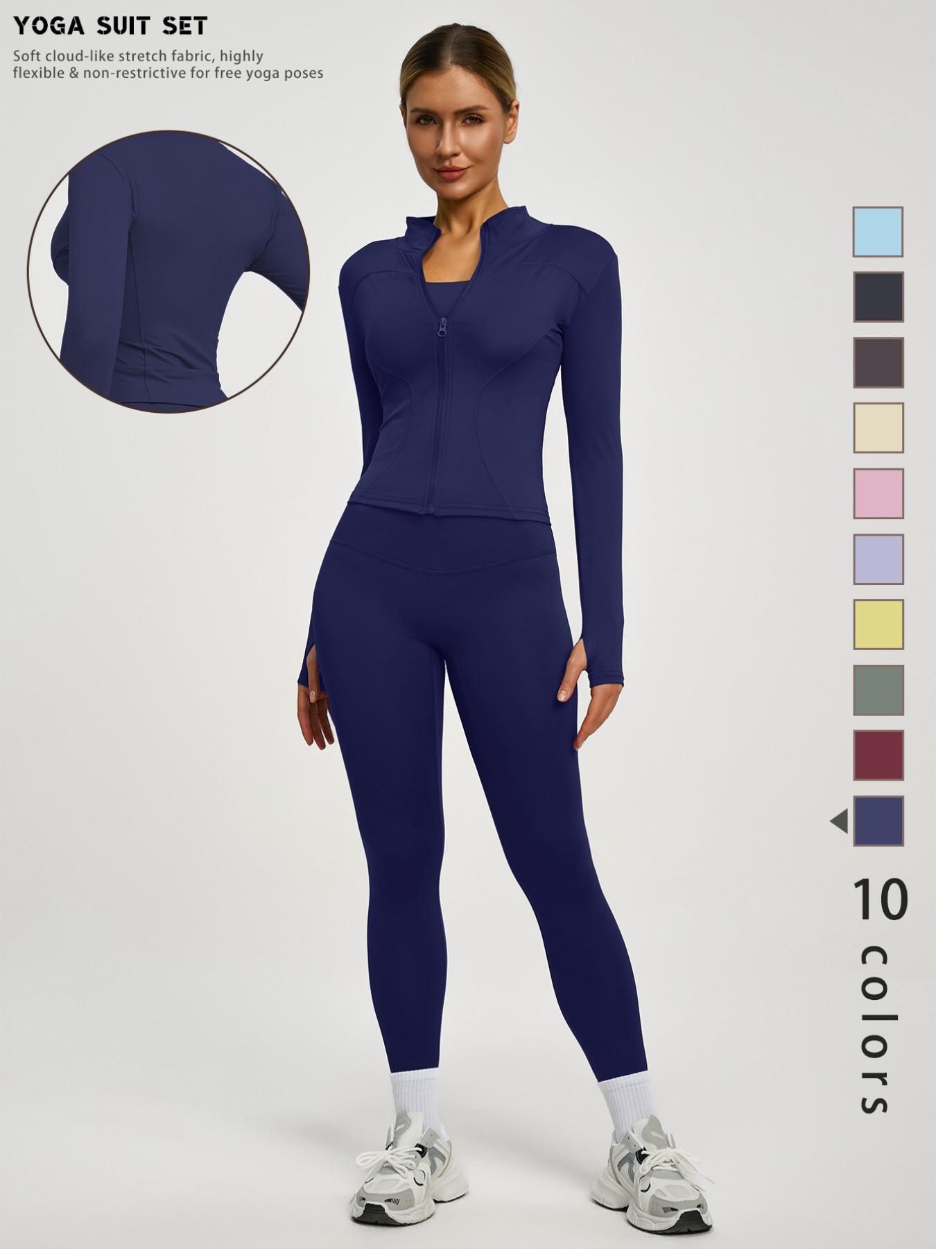 New Women's Solid Color Casual Fashion High-End Long Sleeve Quick-Dry Sports Set, Yoga Essential Jacket, Elastic Tight Yoga Pants, Activewear Clothing