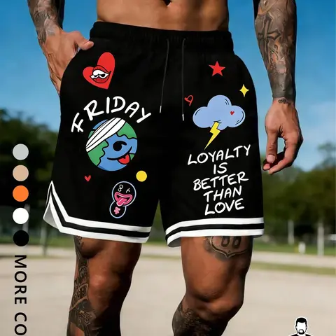Men's Plus Size "Loyalty Is Better Than Love" Cartoon Graphic Basketball Shorts, Graphic Fitness Shorts, Casual Athleisure Shorts, Athletic Shorts Casual, Y2K Streetwear, Shorts for Gym, Skateboarding & Daily Wear