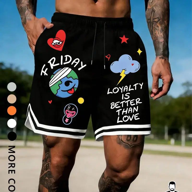 Men's Plus Size "Loyalty Is Better Than Love" Cartoon Graphic Basketball Shorts, Graphic Fitness Shorts, Casual Athleisure Shorts, Athletic Shorts Casual, Y2K Streetwear, Shorts for Gym, Skateboarding & Daily Wear
