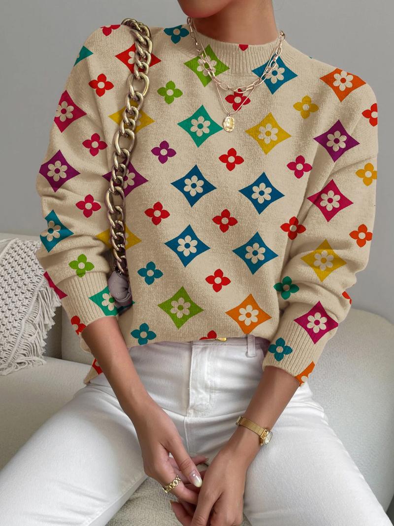 Women's Geometric Pattern Stand Collar Sweater, Fall Winter Casual Long Sleeve Knitwear, Comfortable Warm Daily Wear Women's Geometric Pattern Stand Collar Sweater, Fall Winter Casual Long Sleeve Knitwear, Comfortable Warm Daily Wear