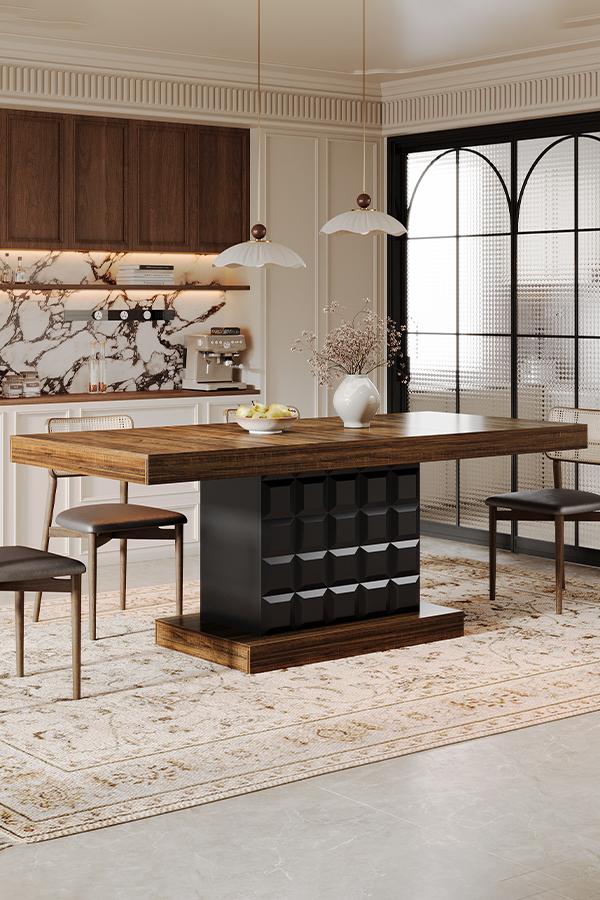 LITTLE TREE 63'' Dining Table for 4-6, Farmhouse Wooden Rectangular Dinner Table with Geometric Relief, Pedestal Base LITTLE TREE 63'' Dining Table for 4-6, Farmhouse Wooden Rectangular Dinner Table with Geometric Relief, Pedestal Base