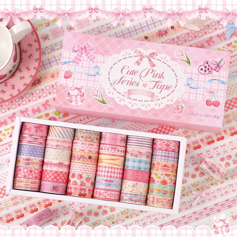 36 Rolls Pink Washi Tapes Set, Cute Butterfly, Gingham, Cherry & Dessert Pattern Decorative Masking Tapes for Scrapbooking, Journaling, DIY Crafts, Bullet Journal Supplies, Valentine's Day and Christmas Gifts, Scrapbook Materials