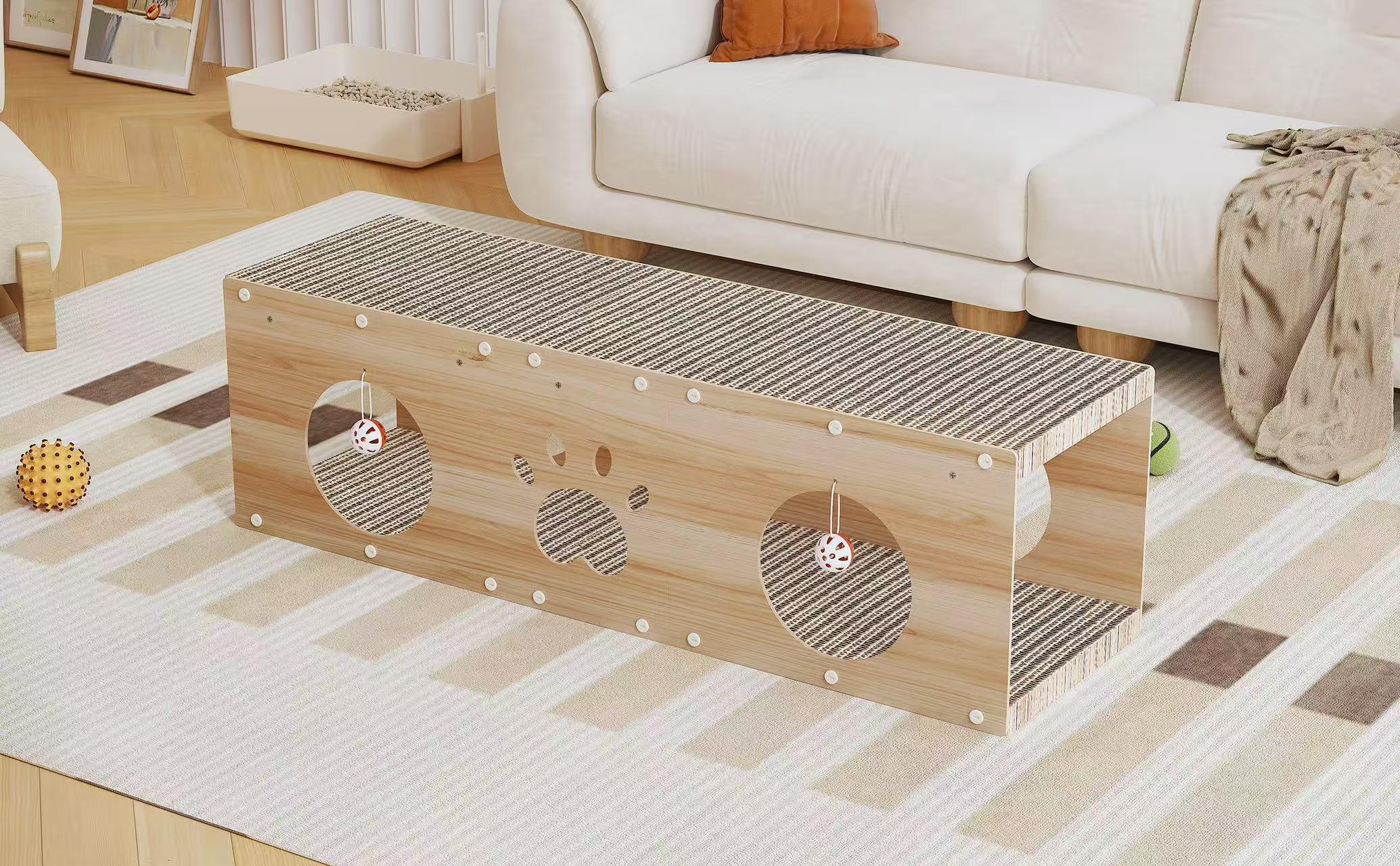 IRONCK 39" Long Large Wooden Cat House & Scratcher with Ball Toy | 2-in-1 Pet Furniture for Indoor Cats, Durable Cat Bed & Playhouse