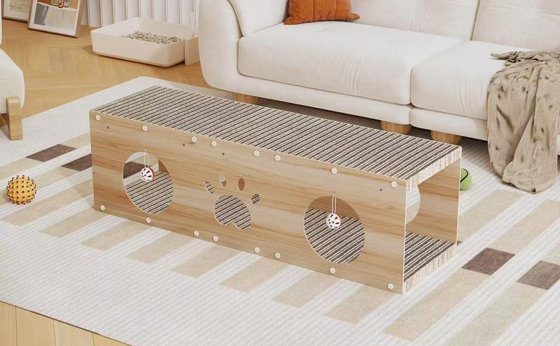 IRONCK 39" Long Large Wooden Cat House & Scratcher with Ball Toy | 2-in-1 Pet Furniture for Indoor Cats, Durable Cat Bed & Playhouse