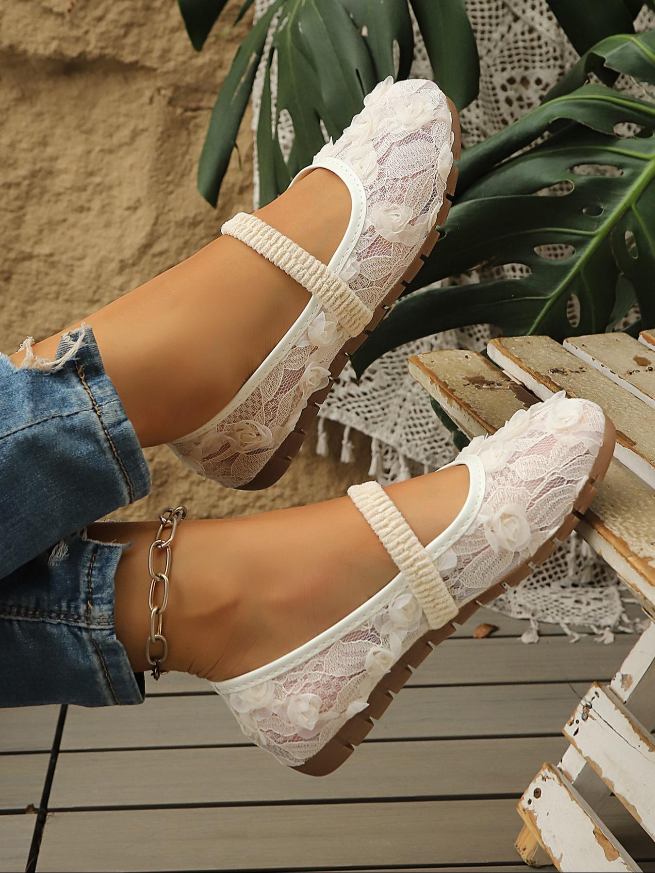 3D Floral Lace Mary Jane Single Shoe, Strap Breathable Mesh Flat Fairy Shoe, Casual Formal Shoes, All Seasons, Rubber Sole