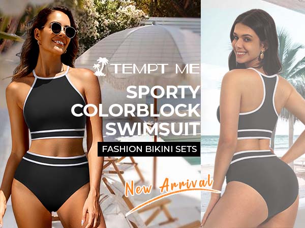Tempt Me Women High Waisted Bikini Two Piece Swimsuit Sporty Bikini Sets Color Block Swimsuits High Neck Bathing Suit with Full Coverage Bikini Bottom Racerback Swim Crop Top with Tummy Control Bottom