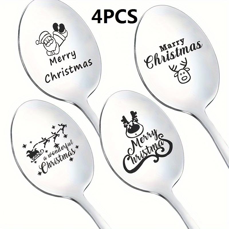 4pcs Stainless Steel Long Handle Spoons with Christmas Tree & Reindeer Carving, Perfect for Coffee Ice Cream Kitchen Use, Ideal Gift Set