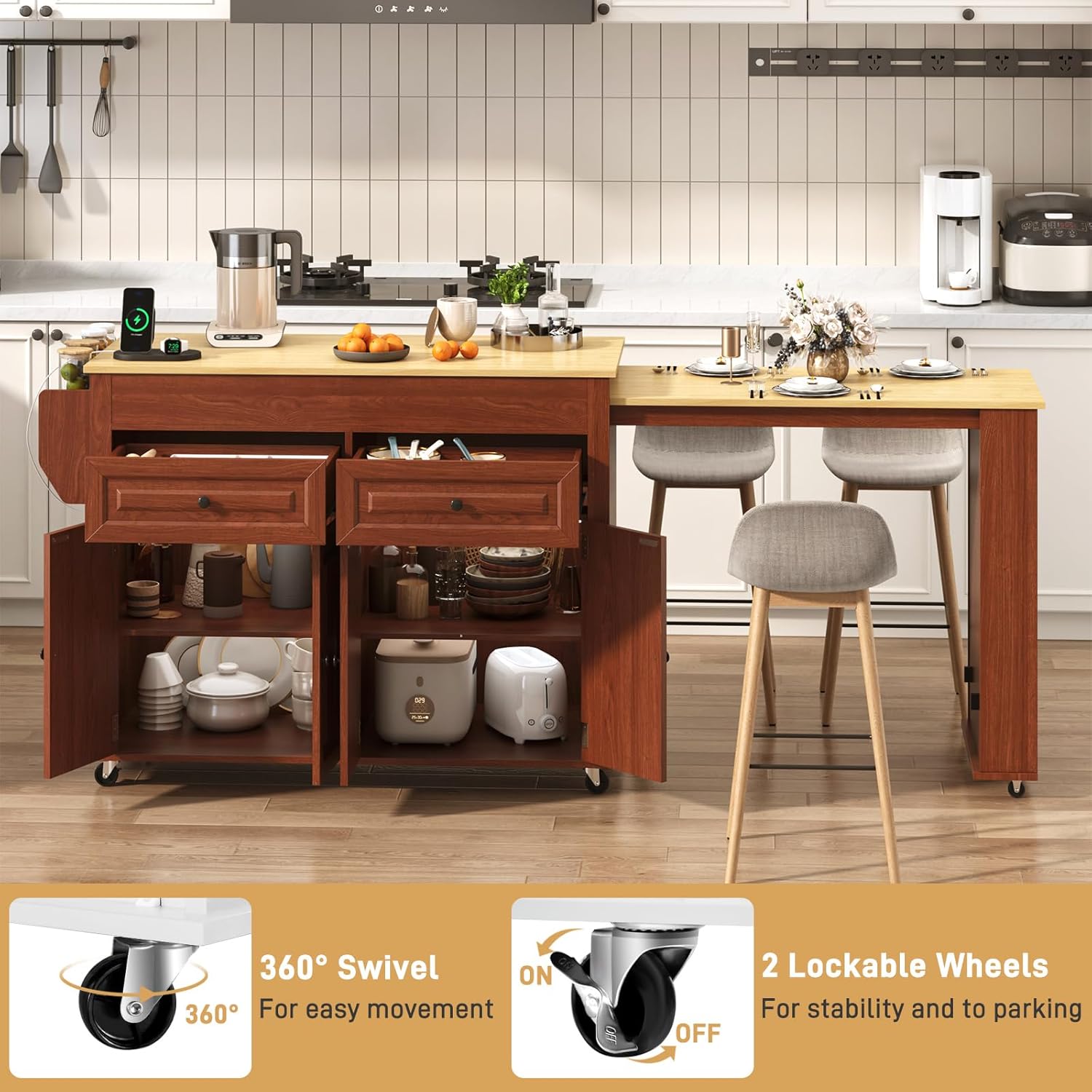 80"-48" Extendable Kitchen Island with Extended Dining Table and Power Outlet,Large Mobile Kitchen Storage Islands with 2 Storage Drawers,Rolling Islands Cart with 3 Extra Rows Open Shelves(White/Black/Brown/Blue)