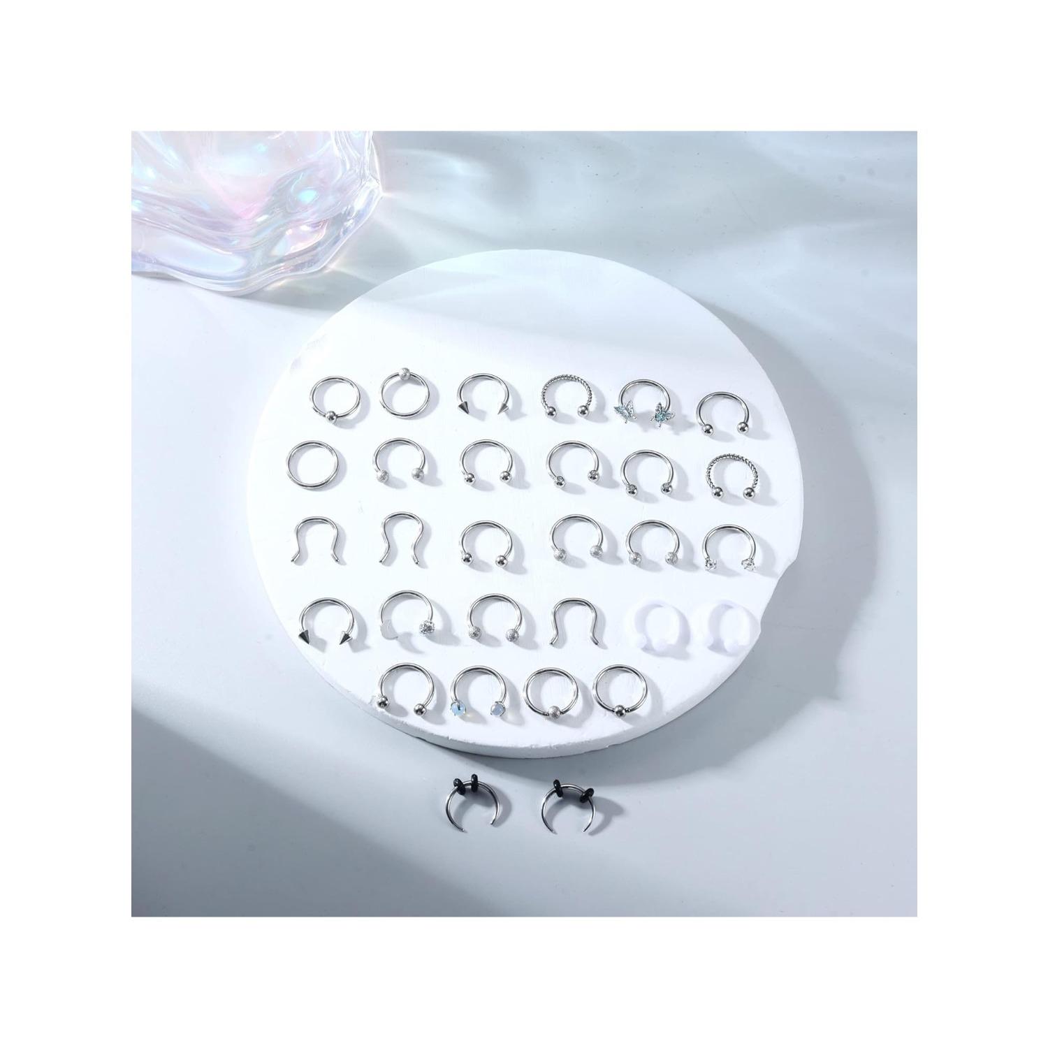 30Pcs 16G Septum Rings Stainless Steel Piercing Jewellery, Silver Horseshoe Nose Hoop Ring 10mm, Helix Daith Cartilage Earrings Smiley Jewellery for Men Women